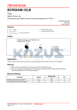 BCR20AM-12LB-A8 datasheet - Triac Medium Power Use (The product guaranteed maximum junction temperature of 150`C)