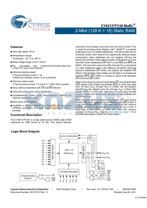 CY62137FV30LL-45BVI datasheet - 2-Mbit (128 K x 16) Static RAM Automatic power down when deselected