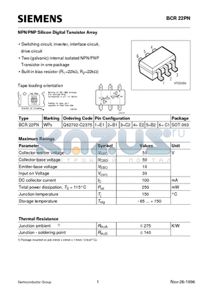 BCR22 datasheet - NPN/PNP Silicon Digital Tansistor Array (Switching circuit, inverter, interface circuit, drive circuit)