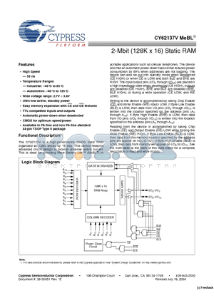 CY62137VLL-55ZI datasheet - 2-Mbit (128K x 16) Static RAM