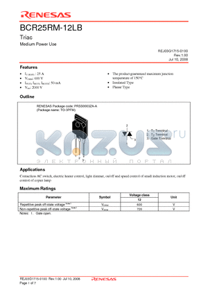 BCR25RM-12LB datasheet - Triac Medium Power Use