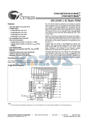 CY62138CV30LL-55BVI datasheet - 2M (256K x 8) Static RAM