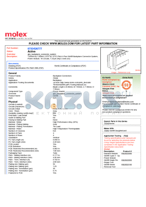 75342-6777 datasheet - 1.85mm by 1.85mm (.073 by .073) Pitch 4-Pair GbX^ Backplane Connector System, Power Module, 16 Circuits, 1.27lm (50l) Gold (Au)