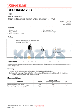 BCR30AM-12LB-A8 datasheet - Triac Medium Power Use (The product guaranteed maximum junction temperature of 150`C)