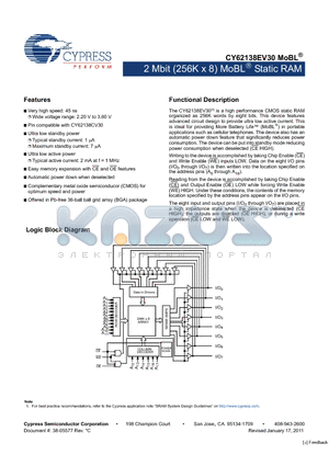 CY62138EV30LL datasheet - 2 Mbit (256K x 8) MoBL Static RAM