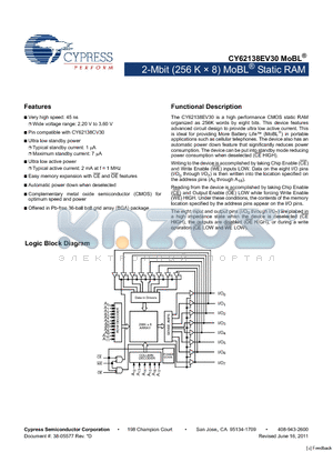 CY62138EV30LL datasheet - 2-Mbit (256 K x 8) MoBL Static RAM Automatic power down when deselected