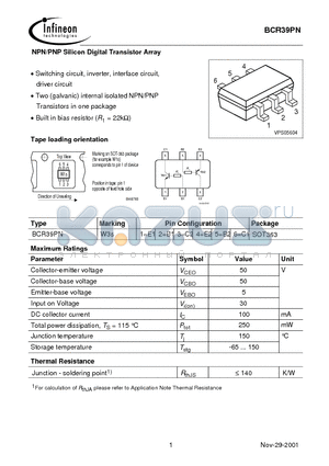 BCR39PN datasheet - NPN/PNP Silicon Digital Transistor Array