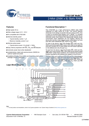 CY62138F_10 datasheet - 2-Mbit (256K x 8) Static RAM