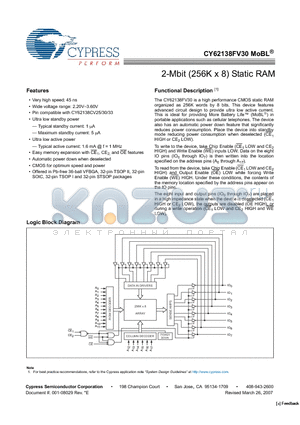 CY62138FV30LL-45ZXI datasheet - 2-Mbit (256K x 8) Static RAM