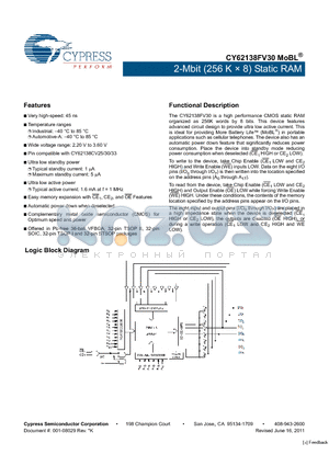 CY62138FV30LL-45ZAXI datasheet - 2-Mbit (256 K x 8) Static RAM Automatic power down when deselected