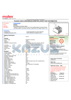 75433-2204 datasheet - 1.85mm by 1.85mm (.073 by .073) Pitch 3-Pair GbX^ Backplane Connector System, Left Guide Header, 150 Circuits, Gold (Au) 0.76lm (30l), Pin Length 4.55mm (.179)