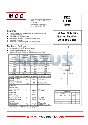 1S20 datasheet - 1.0 Amp Schottky Barrier Rectifier 20 to 100 Volts