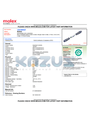 1201080027 datasheet - Micro-Change Double-Ended Cordset, Straight, Male to Male, 4 Poles, 3.0m (9.84 ) Length, D-Coded Keyway