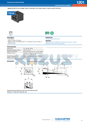1201-H-ABC0-D-EGF datasheet - Appliance inlet for low voltage, Snap-in Mounting, Front Side, Solder or Quick-connect Terminal