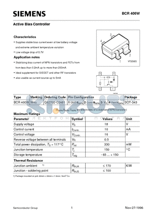 BCR400W datasheet - Active Bias Controller (Supplies stable bias current even at low battery voltage and extreme ambient temperature variation)