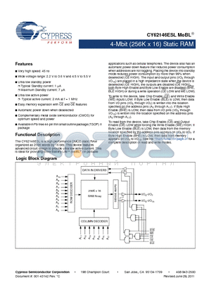 CY62146ESL datasheet - 4-Mbit (256K x 16) Static RAM Automatic power down when deselected