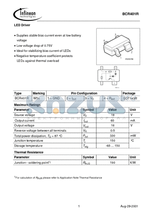 BCR401R datasheet - LED Driver(Supplies stable bias current even at low battery voltage)