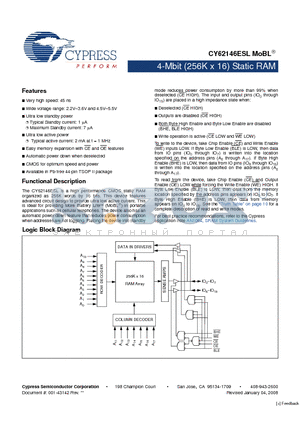 CY62146ESL-45ZSXI datasheet - 4-Mbit (256K x 16) Static RAM