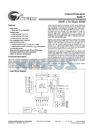 CY62147CV25LL-55BVI datasheet - 256K x 16 Static RAM