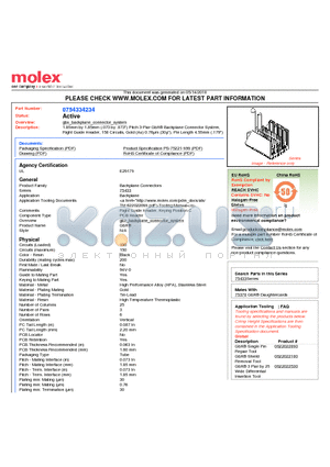 75433-4234 datasheet - 1.85mm by 1.85mm (.073 by .073) Pitch 3-Pair GbX^ Backplane Connector System, Right Guide Header, 150 Circuits, Gold (Au) 0.76lm (30l), Pin Length 4.55mm (.179)