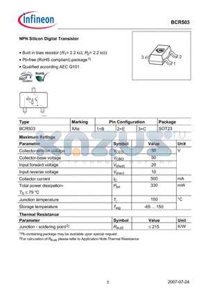 BCR503 datasheet - NPN Silicon Digital Transistor