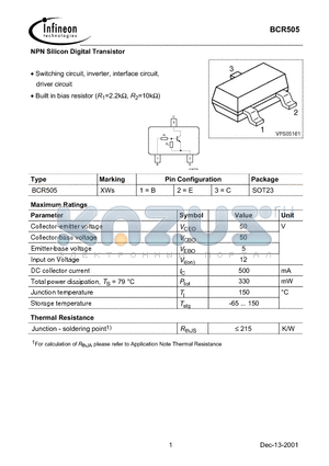 BCR505 datasheet - NPN Silicon Digital Transistor