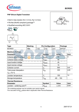 BCR553 datasheet - PNP Silicon Digital Transistor