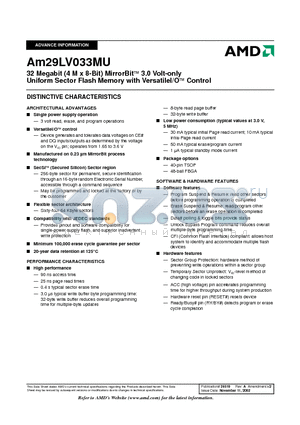 AM29LV033MUU112FI datasheet - 32 Megabit (4 M x 8-Bit) MirrorBit 3.0 Volt-only Uniform Sector Flash Memory with VersatileI/O Control