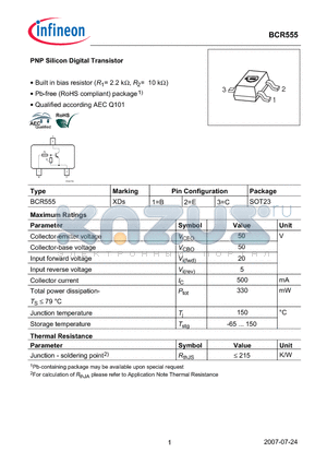 BCR555 datasheet - PNP Silicon Digital Transistor