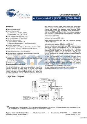 CY62147EV30 datasheet - Automotive 4-Mbit (256K x 16) Static RAM Wide voltage range: 2.20 V to 3.60 V