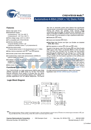 CY62147EV30AUTO datasheet - Automotive 4-Mbit (256K x 16) Static RAM Wide voltage range: 2.20 V to 3.60 V