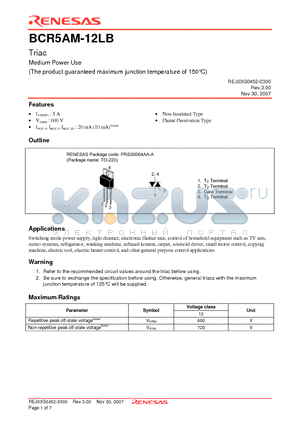 BCR5AM-12LB datasheet - Triac Medium Power Use (The product guaranteed maximum junction temperature of 150`C)