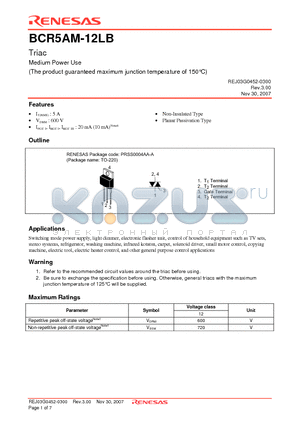 BCR5AM-12LB-A8 datasheet - Triac Medium Power Use (The product guaranteed maximum junction temperature of 150`C)