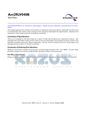 AM29LV040B-120EI datasheet - 4 Megabit (512 K x 8-Bit) CMOS 3.0 Volt-only, Uniform Sector 32-Pin Flash Memory