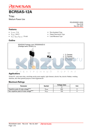 BCR5AS-12A datasheet - Triac Medium Power Use