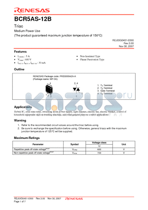 BCR5AS-12B-T13 datasheet - Triac Medium Power Use (The product guaranteed maximum junction temperature of 150`C)