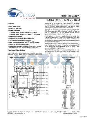 CY62148B datasheet - 4-Mbit (512K x 8) Static RAM