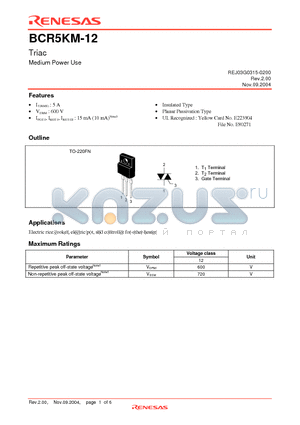 BCR5KM-12 datasheet - Triac Medium Power Use