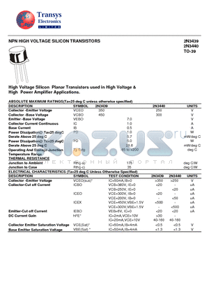 2N3439 datasheet - NPN HIGH VOLTAGE SILICON TRANSISTORS