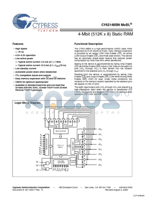 CY62148BNLL-70ZXC datasheet - 4-Mbit (512K x 8) Static RAM