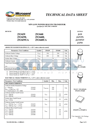 2N3439 datasheet - NPN LOW POWER SILICON TRANSISTOR