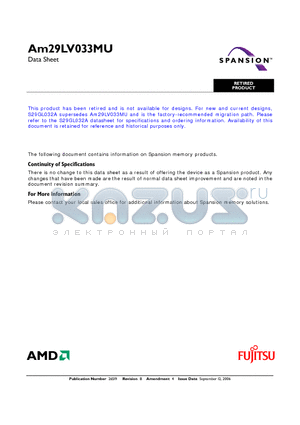 AM29LV033MU120RFI datasheet - 32 Megabit (4 M x 8-Bit) MirrorBit 3.0 Volt-only Uniform Sector Flash Memory with VersatileI/O Control