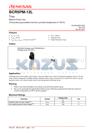 BCR5PM-12LB-A8 datasheet - Triac Medium Power Use (The product guaranteed maximum junction temperature of 150`C)