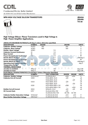 2N3440 datasheet - NPN HIGH VOLTAGE SILICON TRANSISTORS