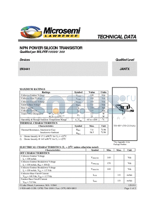 2N3441 datasheet - NPN POWER SILICON TRANSISTOR