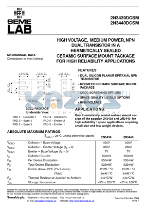 2N3440DCSM datasheet - HIGH VOLTAGE, MEDIUM POWER, NPN