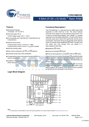 CY62148DV30LL-55SXI datasheet - 4-Mbit (512K x 8) MoBL Static RAM