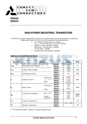 2N3442 datasheet - HIGH POWER INDUSTRIAL TRANSISTORS