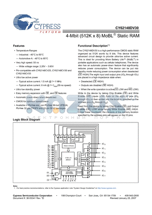 CY62148DV30LL-55SXI datasheet - 4-Mb (512K x 8) MoBL Static RAM