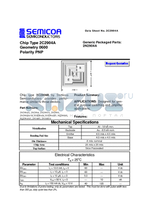 2N3485 datasheet - Chip Type 2C2904A Geometry 0600 Polarity PNP